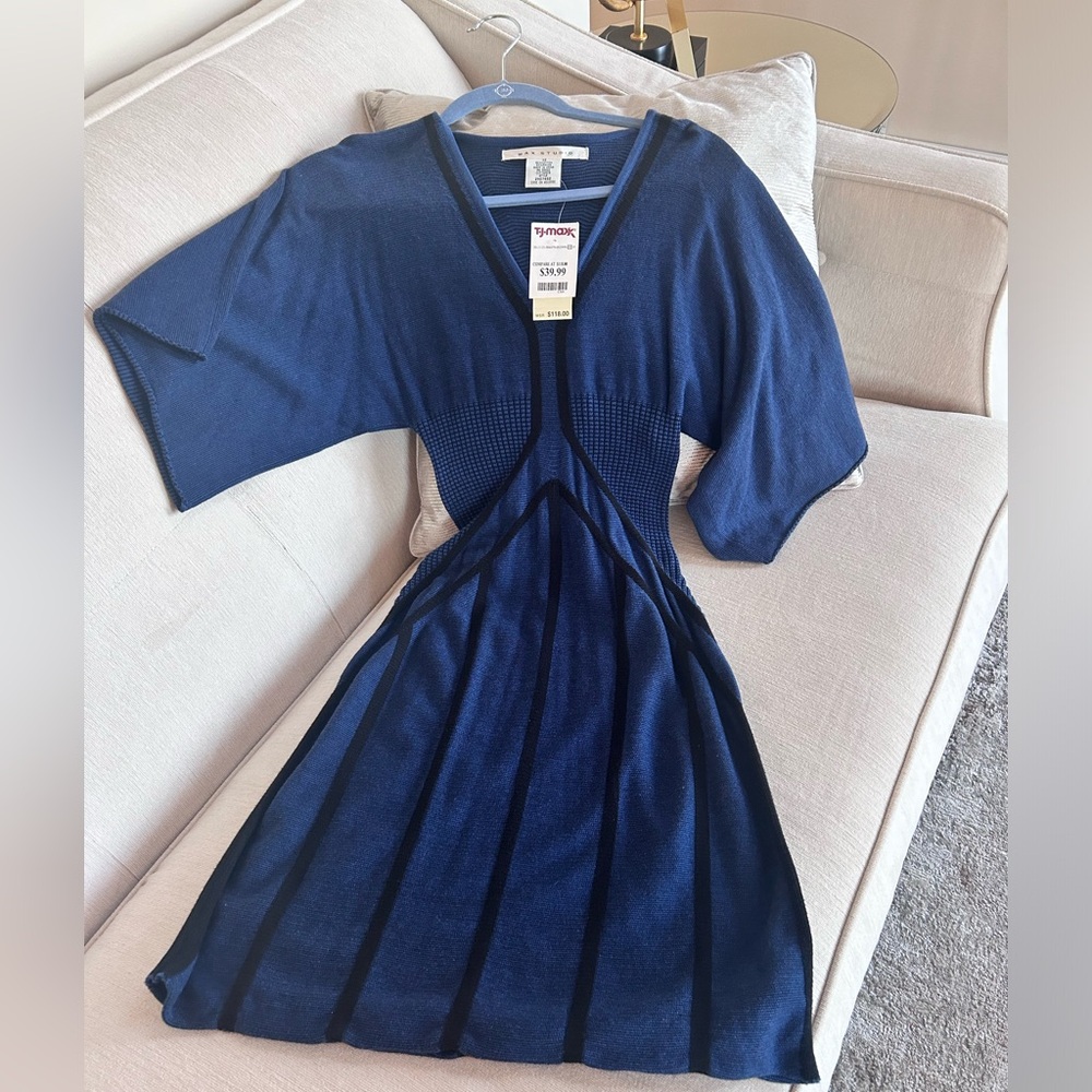 Blue V-Neck Knit Fit-and-Flare Dress - , Classic Navy